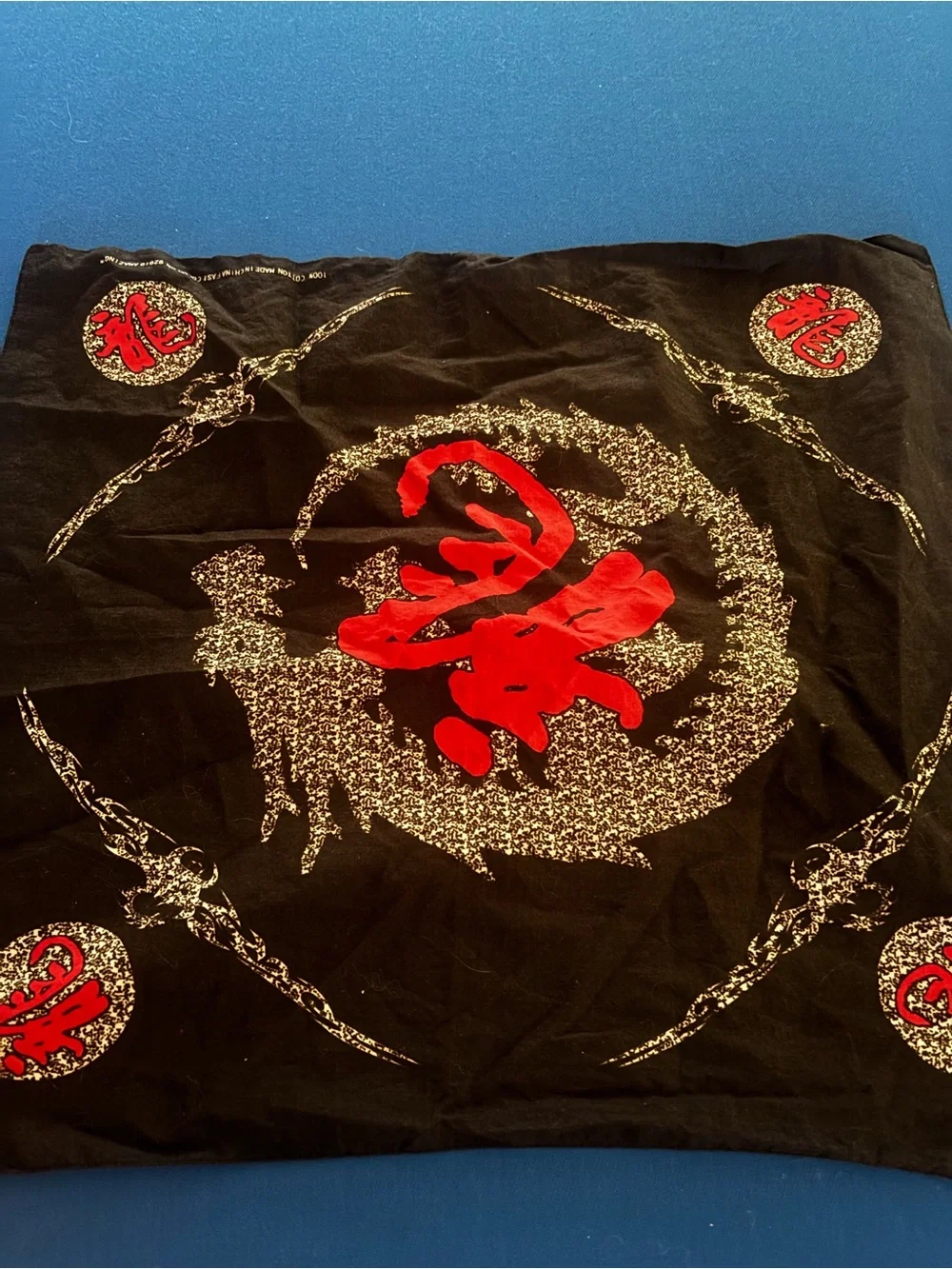 Black Bandana Scarf with Red Chinese Character and Silver Sparkle Design